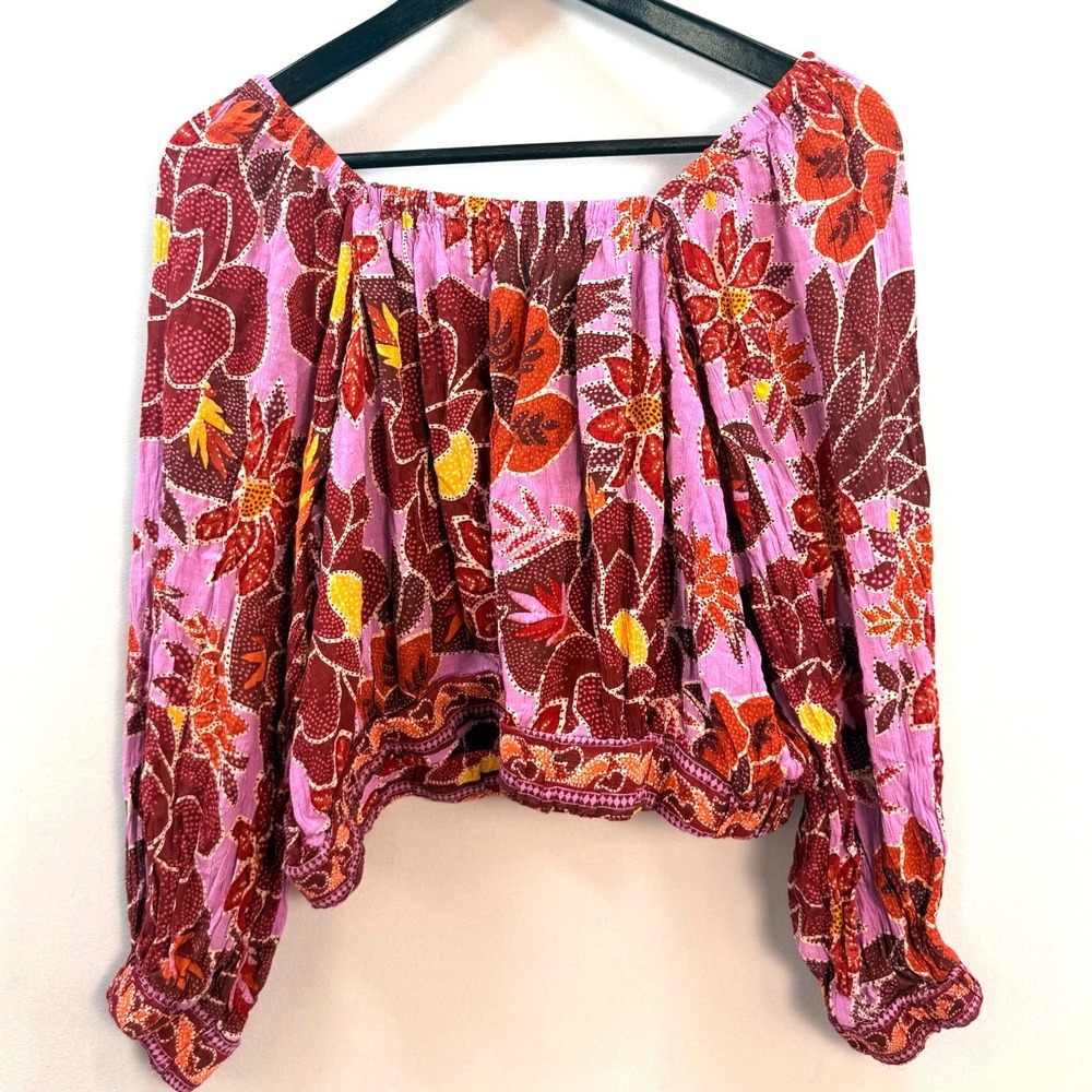 Rachel Rachel Roy Floral Smocked Crop Top Purple Red Boho Long Sleeve Blouse M